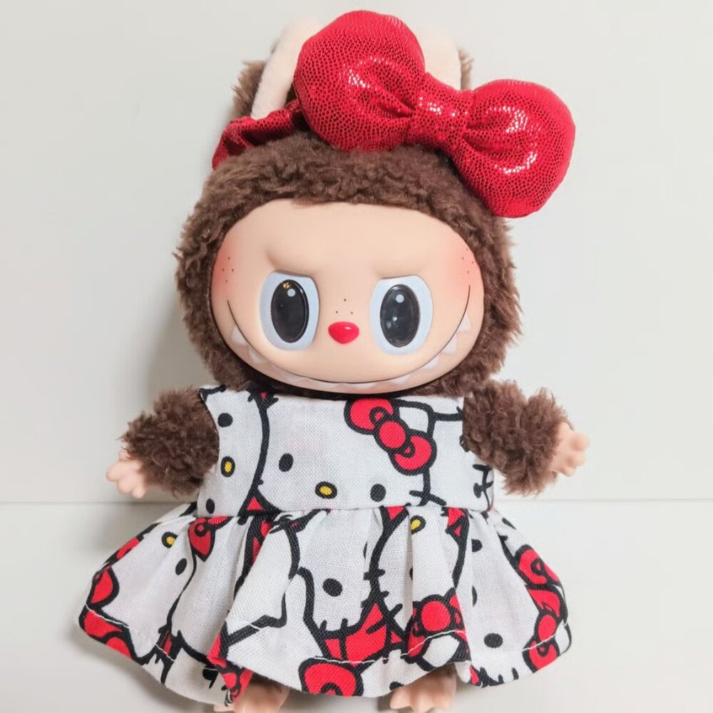 Custom Hello Kitty Dress and Metallic Bow Made to fit Labubu